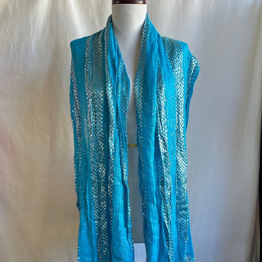 Blue and metallic silver patterned scarf with sequins
